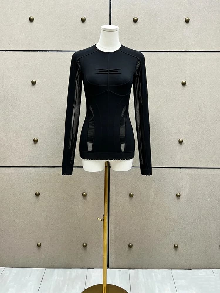 Hollowed-out mesh high-elastic base top, 2026 autumn/winter stylish and versatile round-neck long-sleeved women's top
