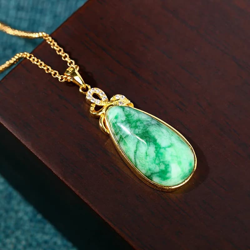 Natural Jade Water Drop Pendant Necklace Stone Carved Gemstone Real Jewelry Vintage Charm 18K Gold Plated Gifts for…