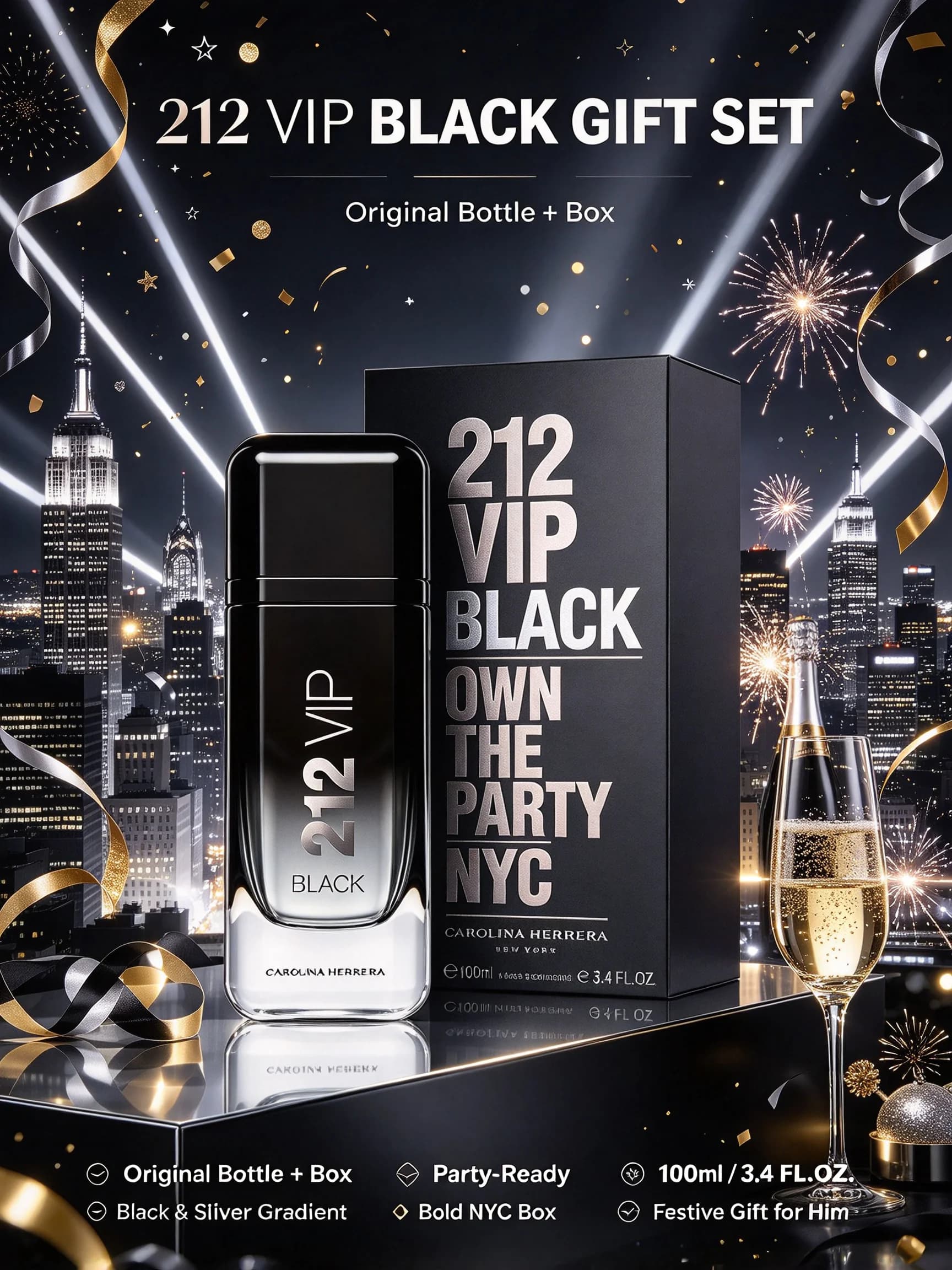 Carolina Herrera 212 VIP Black Men's EDP Cologne, 3.4 fl oz/100ml, 1 Bottle, Absinthe Lavender Vanilla Musk Aromatic Long Lasting Perfume, Birthday Anniversary Gift for Him, Fall Halloween Thanksgivin