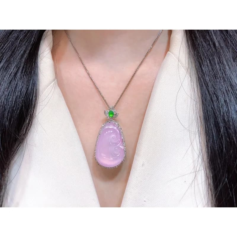Ice Jade Pendant, Burmese Natural, 1k Gold Inlaid with Buddha, Guanyin, Gourd, Peace Amulet, Leaf Design