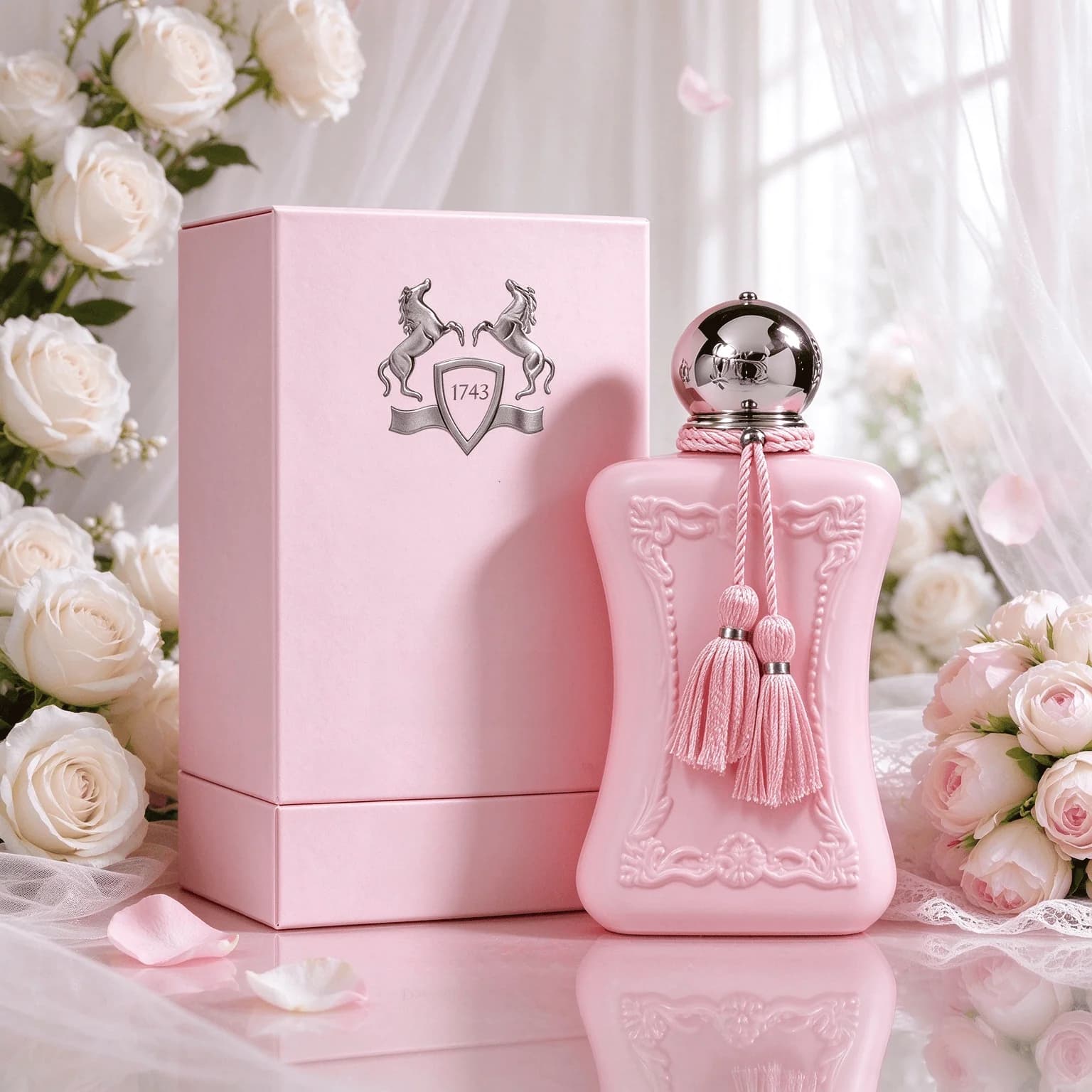Pasrfums De Masrly Deslina Exsclusif EDP 100ml Unisex Perfume Spray for Men Women, Luxury French Fragrance, Matte Pink Embossed Bottle with Pink Tassel, Long Lasting Rose Vanilla Scent, Birthday Anniv