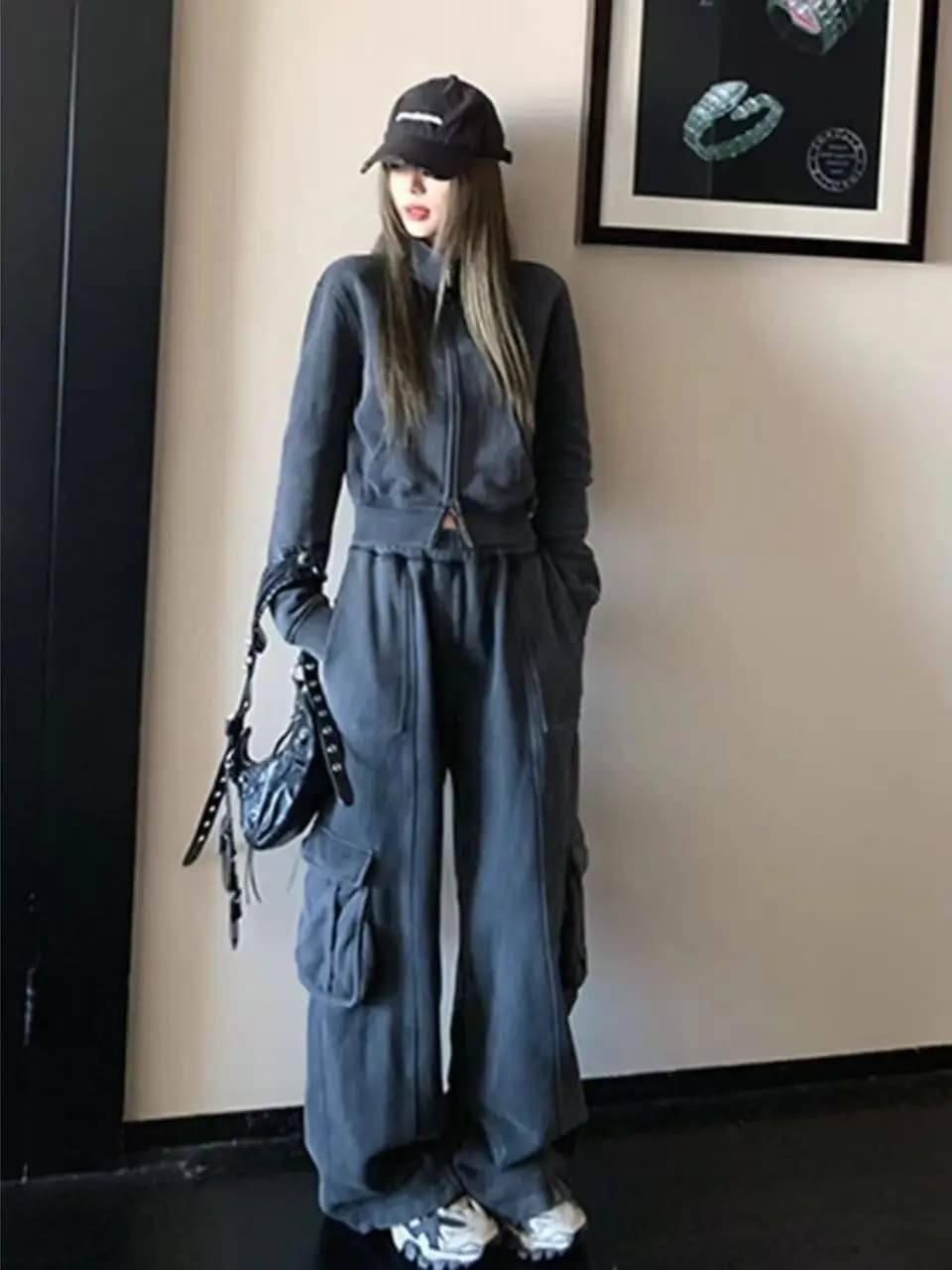 Retro American Sportswear Set Women's Fashionable Autumn Streetwear High-Waisted Wide-Leg Pants Casual Two-Piece Suit