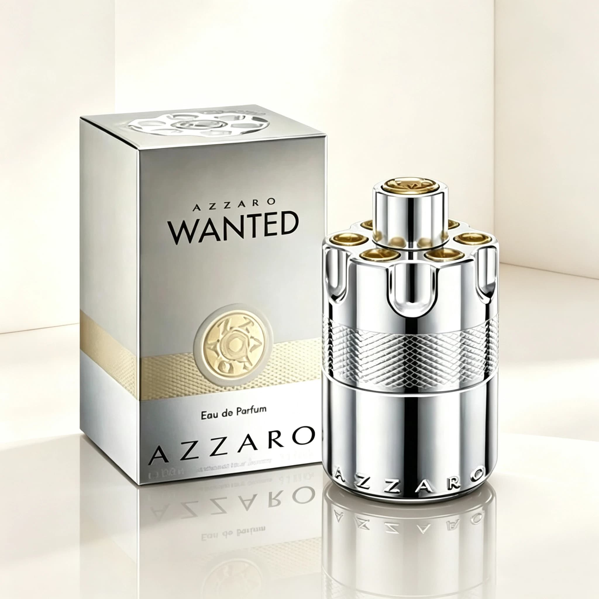 Azzaro Wanted - Unisex Eau De Parfum, 100ml. Shiny Silver-Golden Bullet-Shaped Bottle. Long-Lasting Citrus-Wood Fragrance. Luxurious Perfume.