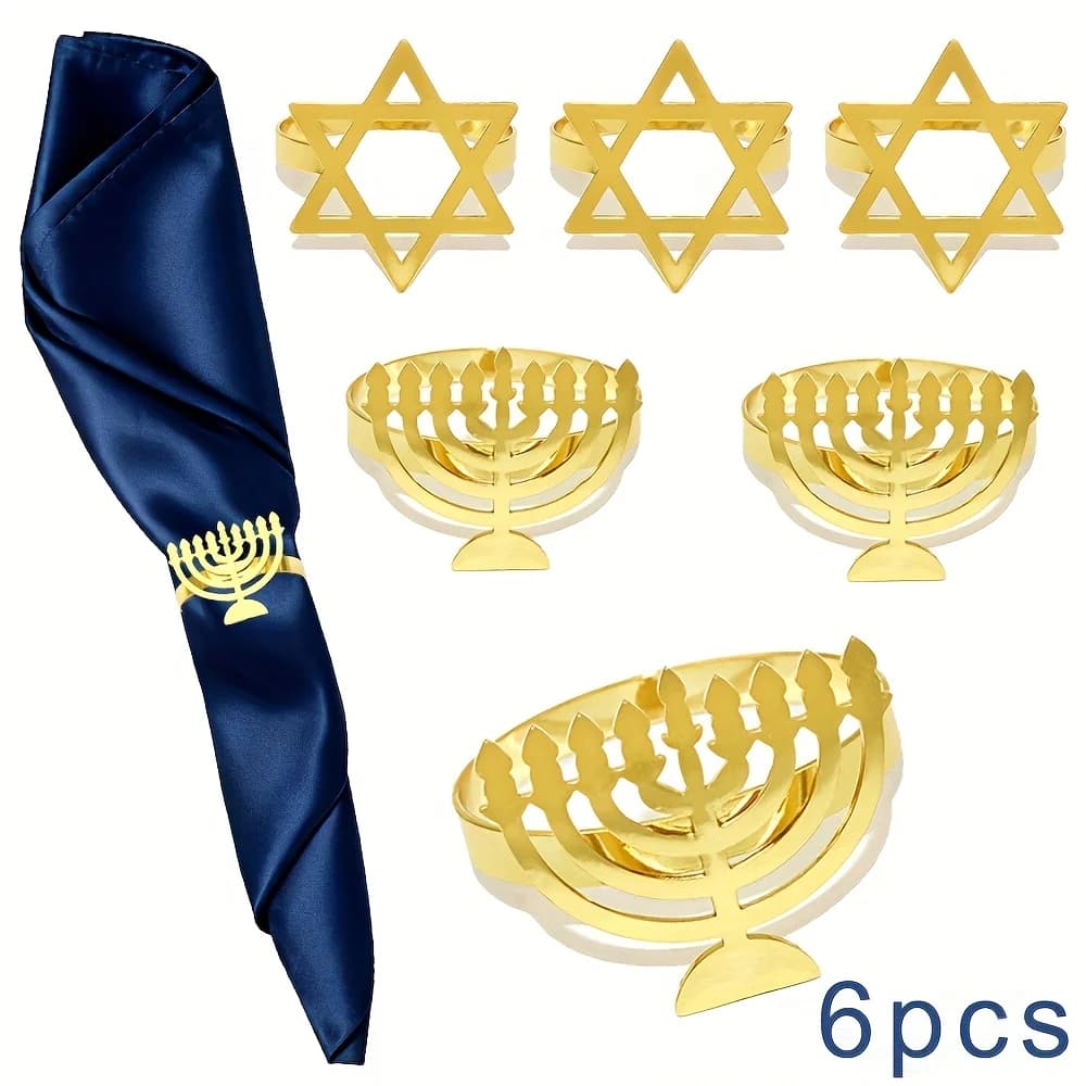 6Pcs Hanukkah Menorah Napkin Rings Gold Silver Rhinestone Star Cloth Holder Buckles Set Chanukah Jewish Party Table…
