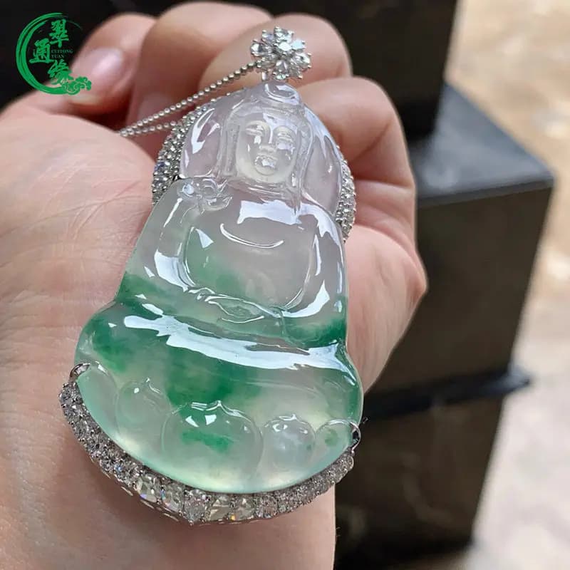 Cuitongyuan Burmese Natural Jadeite with 1k Gold and Diamond Inlay, High Ice Flower Pattern Plain Guanyin Pendant