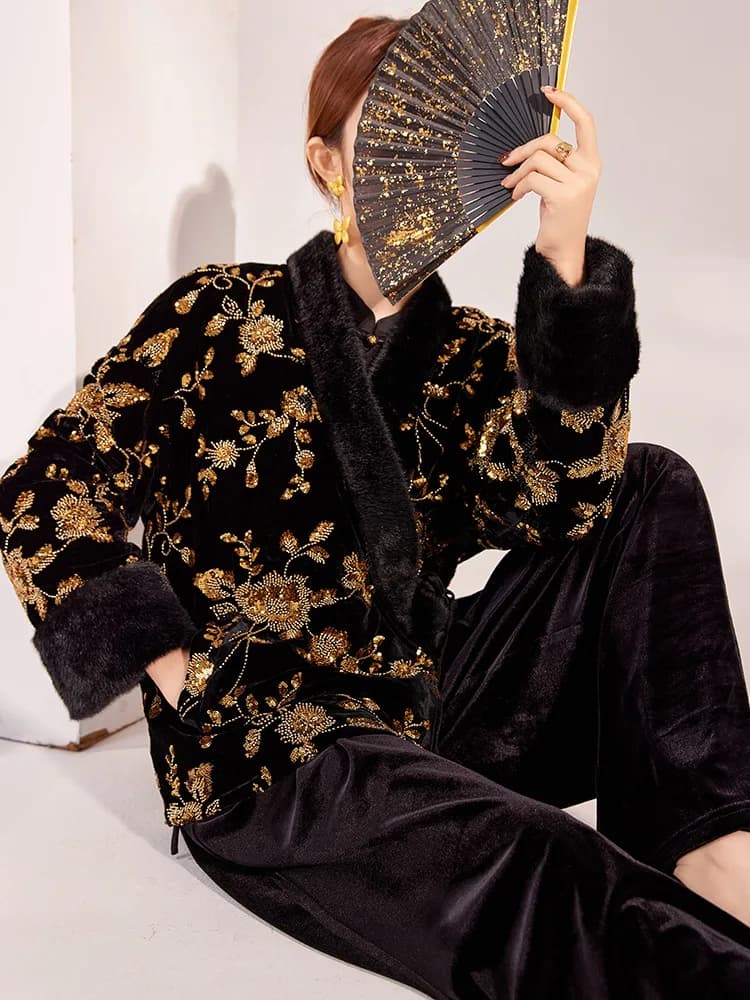 New Chinese Style Winter Women's Clothing, High-end V-neck New Chinese Style Gold Bead Embroidered Cotton Jacket Coat…