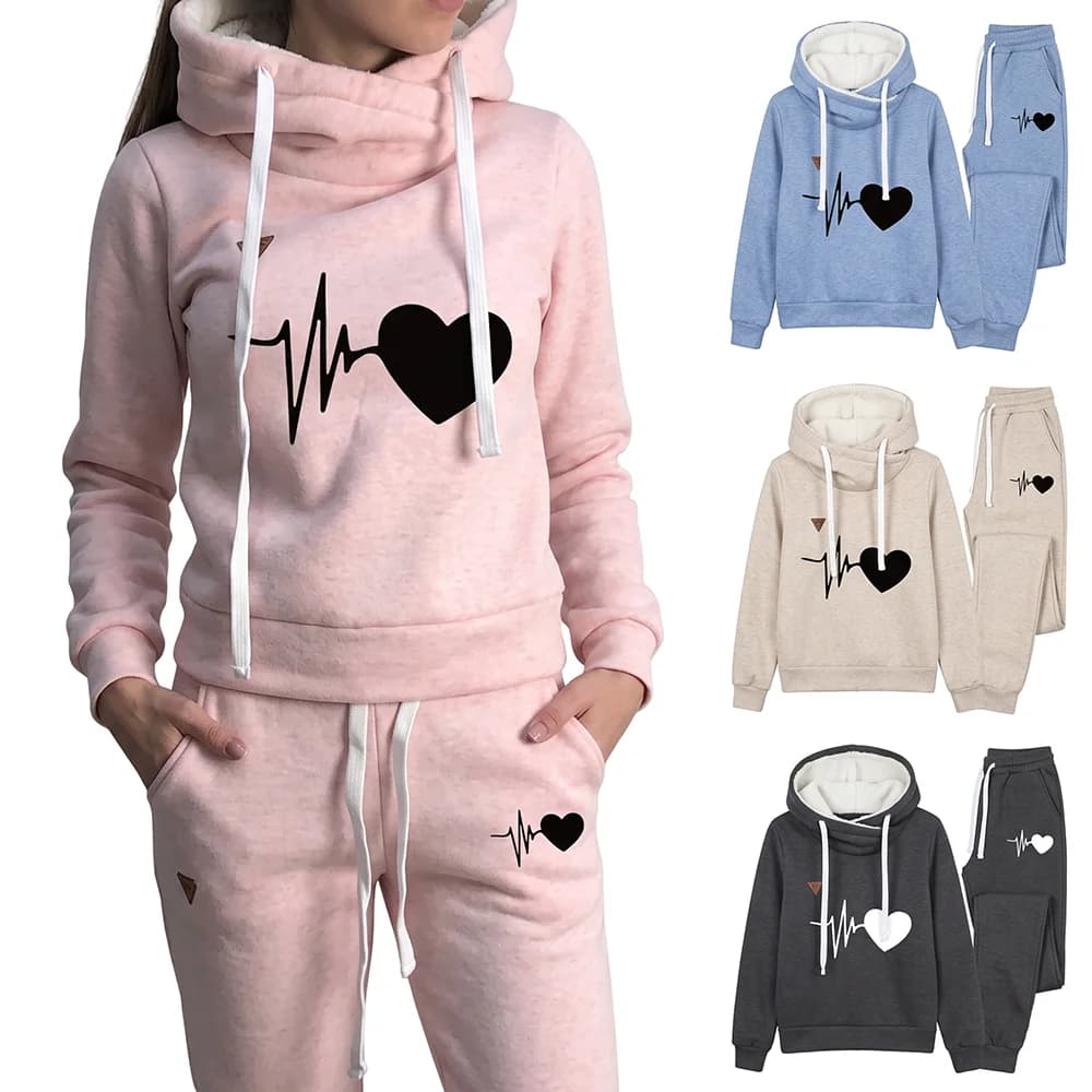 Winter Warm 2 Piece Set Women Fleece Tracksuit Heart Print Pullover Hoodie and Sweatpants Casual Sportswear Jogger Matching Outf