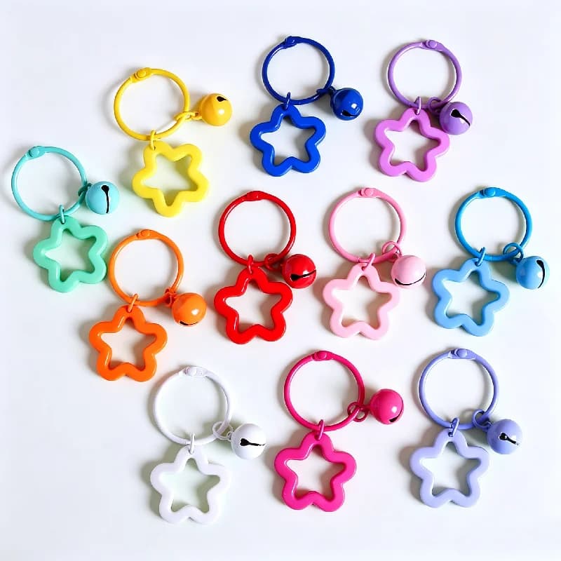 5pcs 60mm Metal Circular Keychain Key Ring Buckle With Bell Star Bead Accessories Iron Keyring Key Chain For Diy Jewelry Making