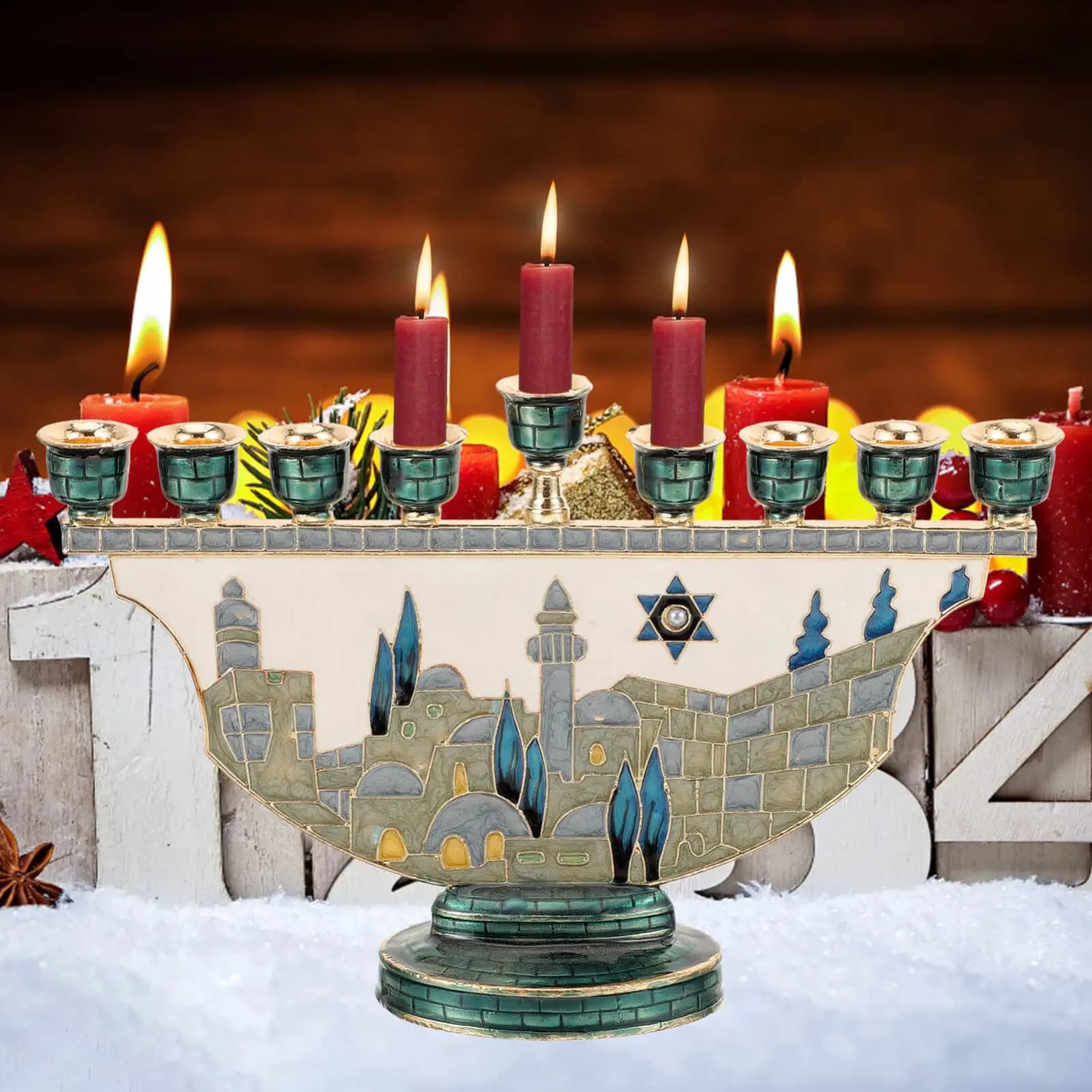 Jerusalem Menorah Hanukkah Candle Holder 9 Branch Enamel Judaica Chanukah Candelabra Star of David Home Religion Gift…