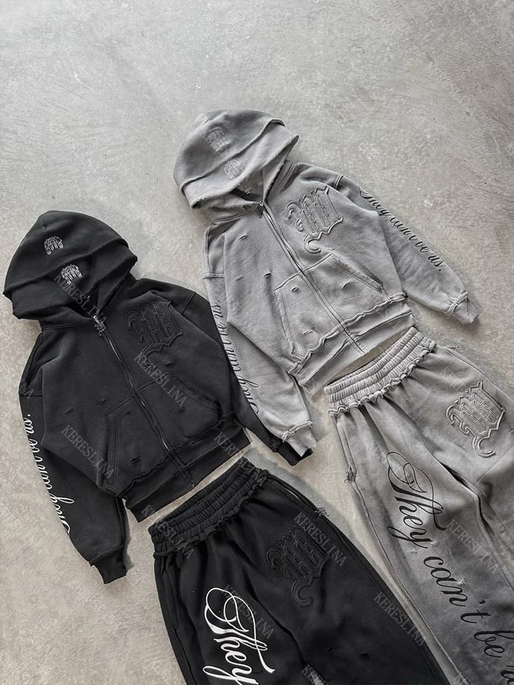 European and American loose high street hip-hop rock versatile zipper hoodie top autumn and winter punk dark loose hoodie top