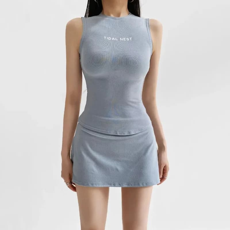 New Letter Printed Round Neck Slim Fit Sleeveless Vest Split Bottom Shorts Skirt Sets Fitness Sports Casual Suit for…