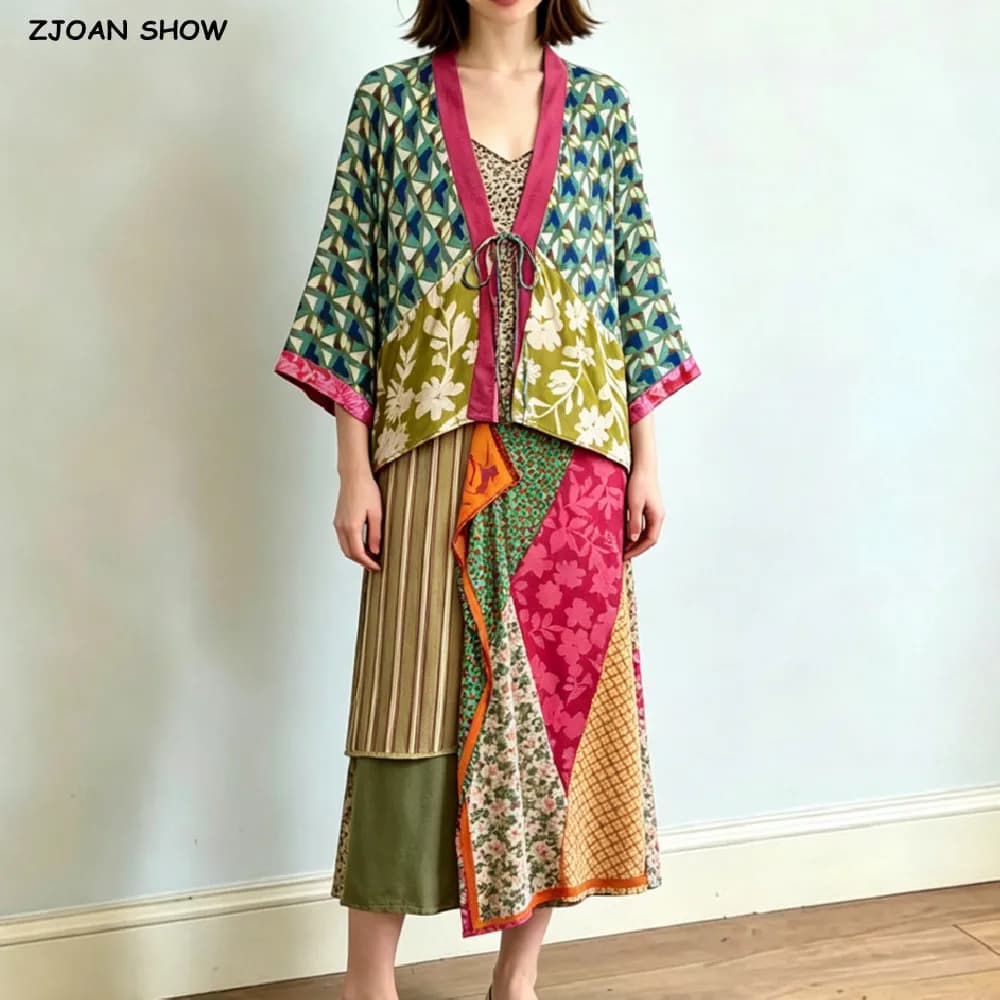 2 Pieces 1 Set Autumn Contrast Color Geometric Print Bow Long Bat Sleeve Kimono Cardigan + Tie Bow Waist Asymmetry…