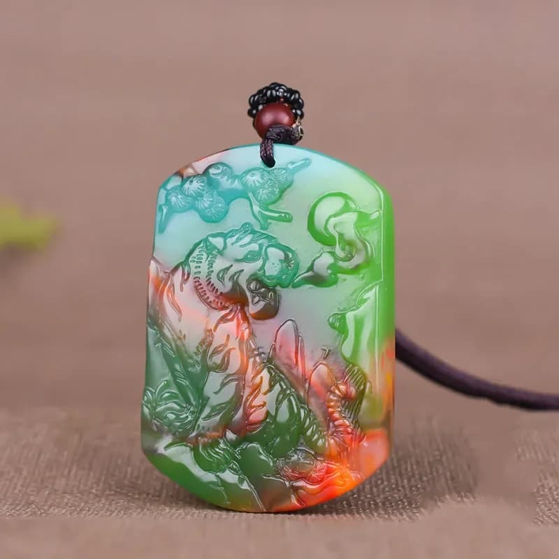 Chinese Natural Colour Jade Tiger Pendant Necklace Hand-carved Charm Jadeite Jewelry Fashion Amulet Gifts for Women Men