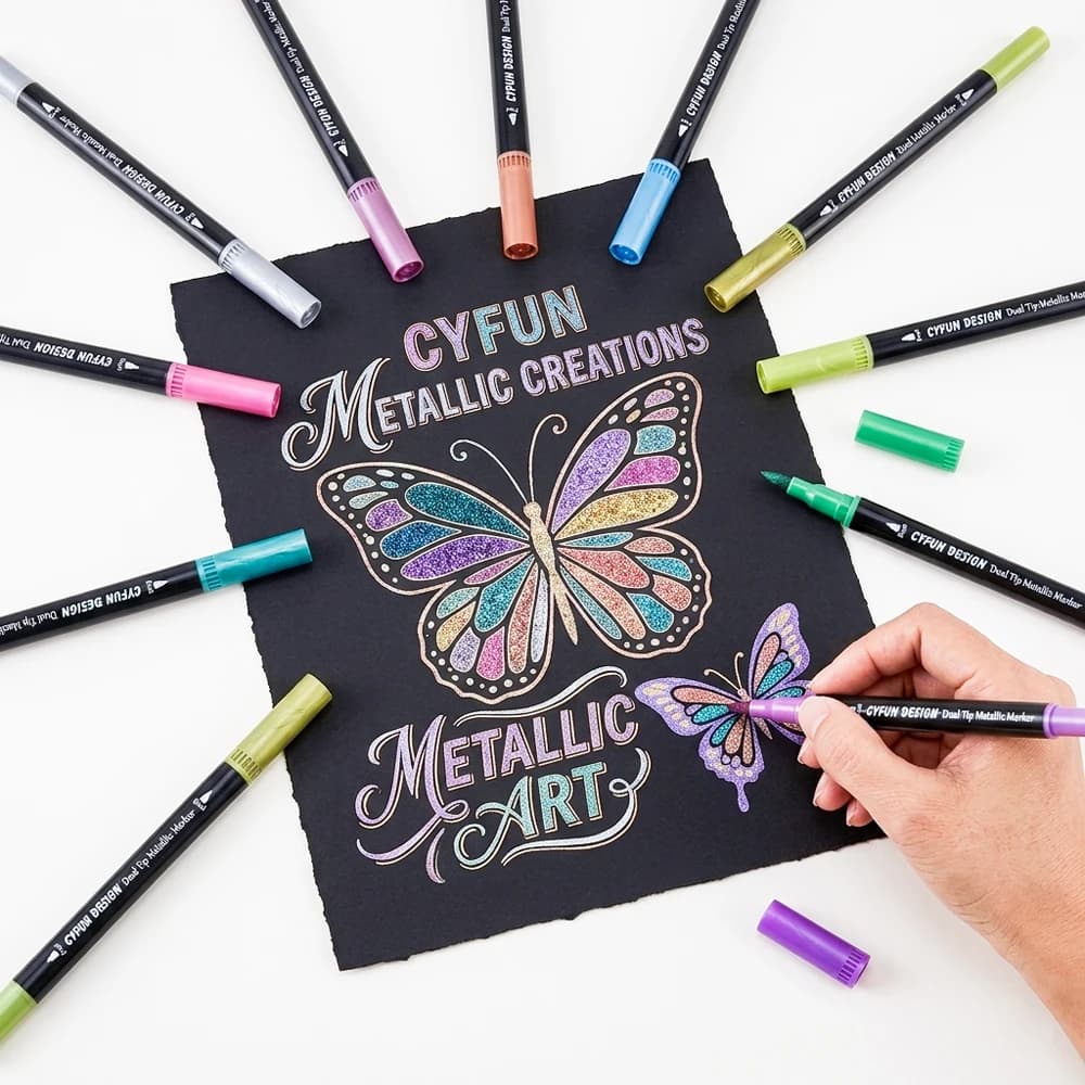 Dual-Tip Metallic Acrylic Markers 2 in1 Fine&Brush Tip Paint Pen for Black Paper,Rock Painting,Glass Craft,Card Making…