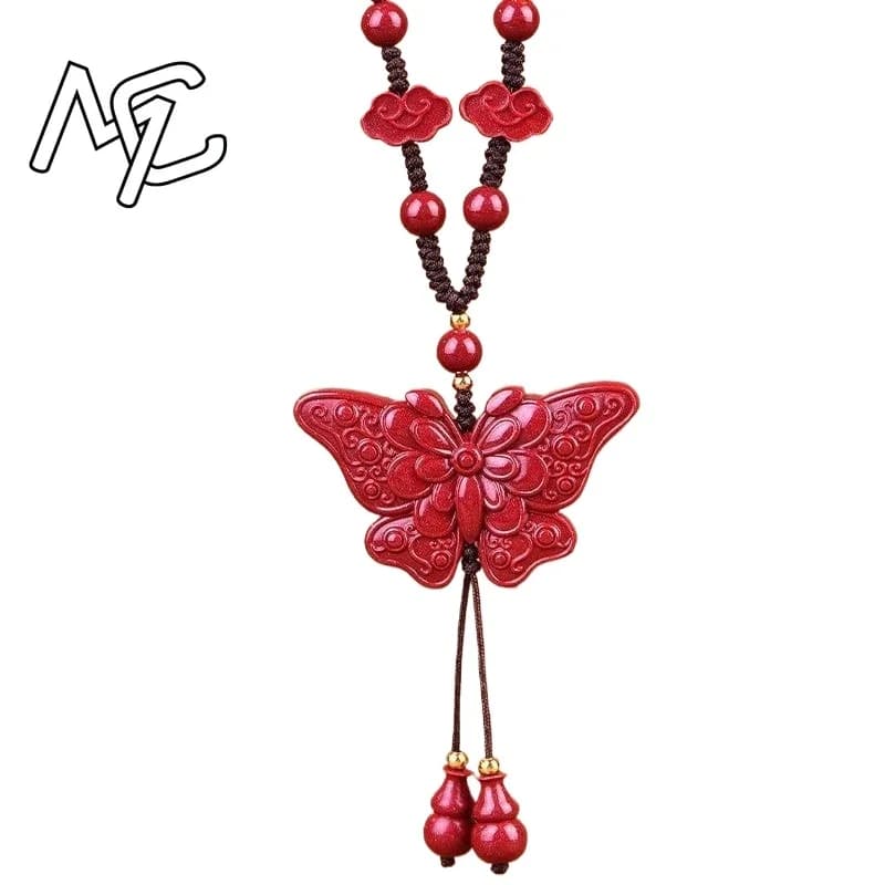 Fashion Red Cinnabar Jade Butterfly Pendant Necklace Jewellery Chinese Healing Women Man Luck Gifts Sweater Chain Amulet
