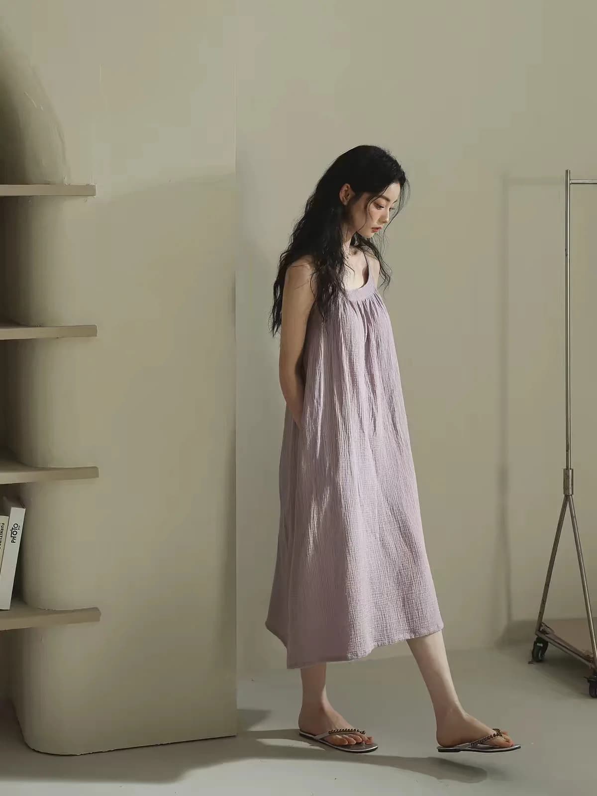 Japanese Solid Color Sleeveless Dresses Summer Women Cotton Spaghetti Strap Dress Holiday Party Maxi Dress Home Sleep…