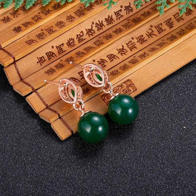 Natural Jade Bead Earrings Fashion Accessories Carved Gemstone Real Jewelry Ear Stud Rose Gold Plated Luxury Stone