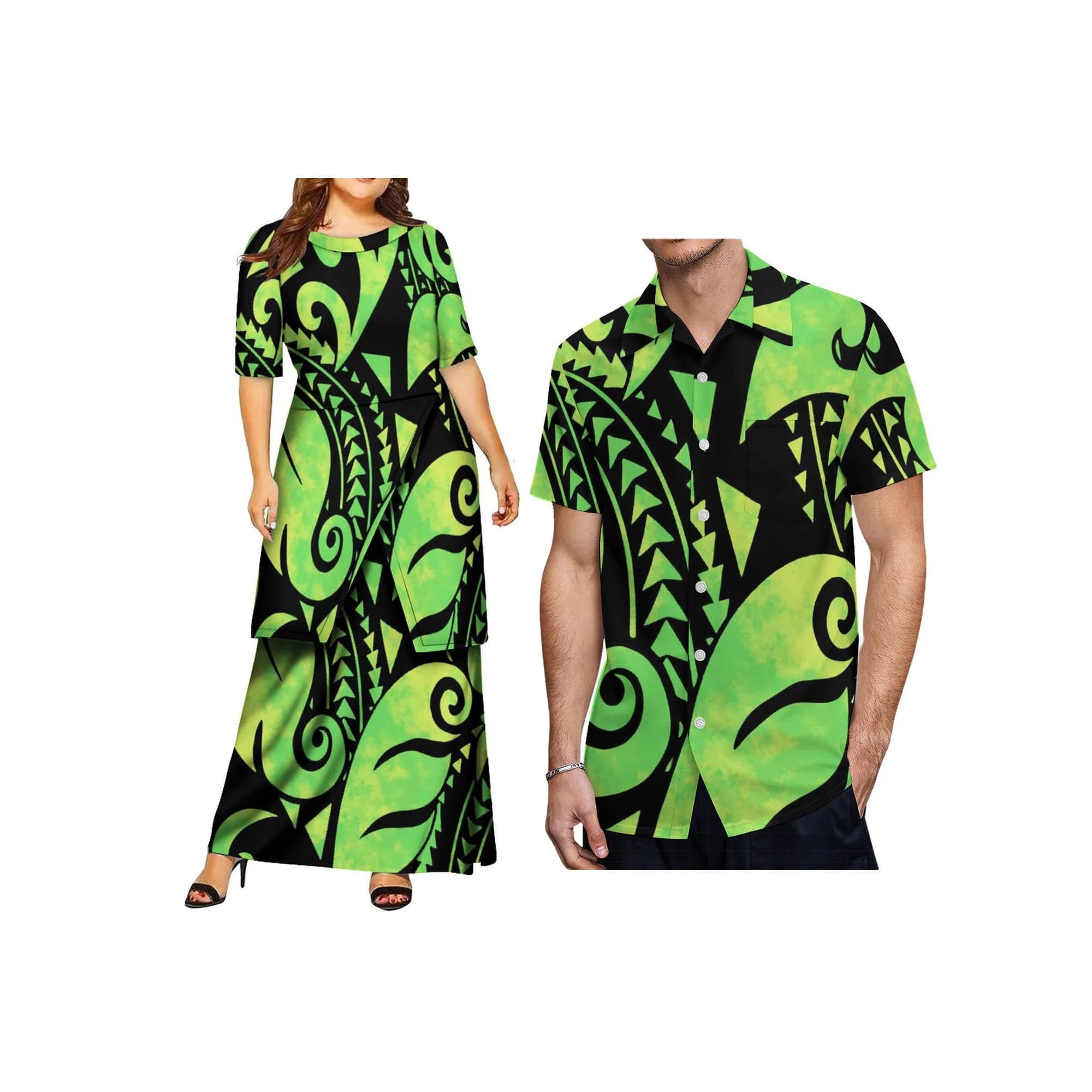 Drop Shipping Custom Polynesian Round Neck Samoa Puletasi Set Large Size Womens Long Two Piece Skirt Set Dress 2pcs