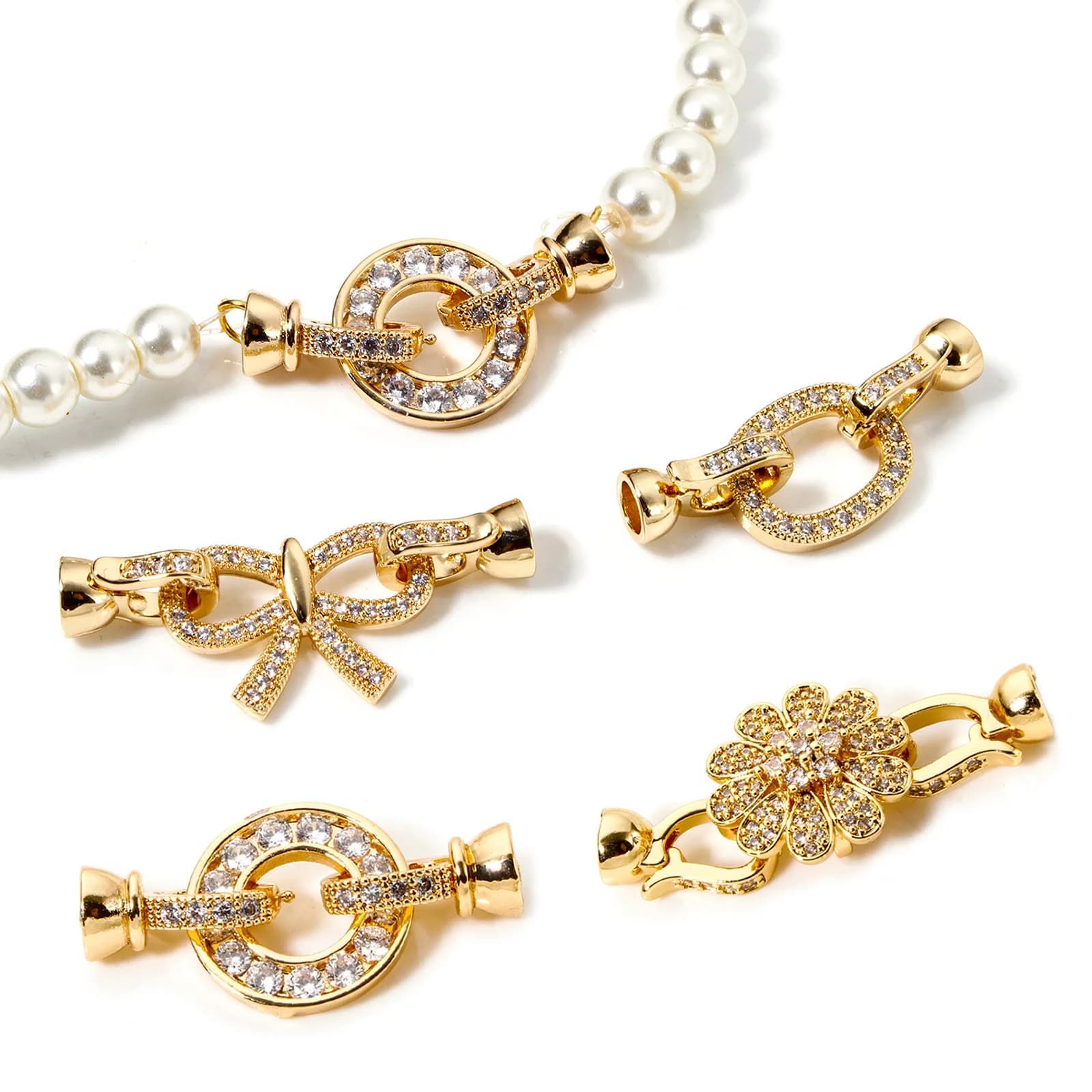 1pc Brass Fold Over Clasps Gold Color Round Flower Bowknot Clear Cubic Zirconia Charms DIY Necklace Bracelet Jewelry…