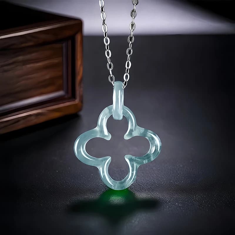 Blue Myanmar Jadeite Four Leaf Clover Pendant Necklace Luxury Charm Natural Burmese Jade Fashion Men Carved Real Jewelry