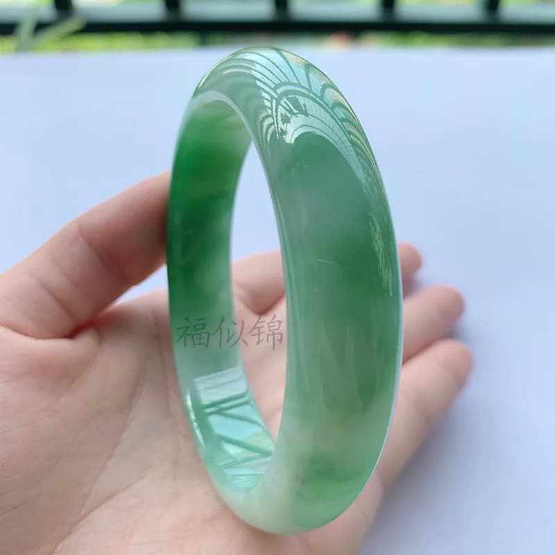 Old Mine Icy Jadeite Bracelet, Light and White-Green, Wide Version, Perfectly Round, Thin Strip, Noble Lady Style,…