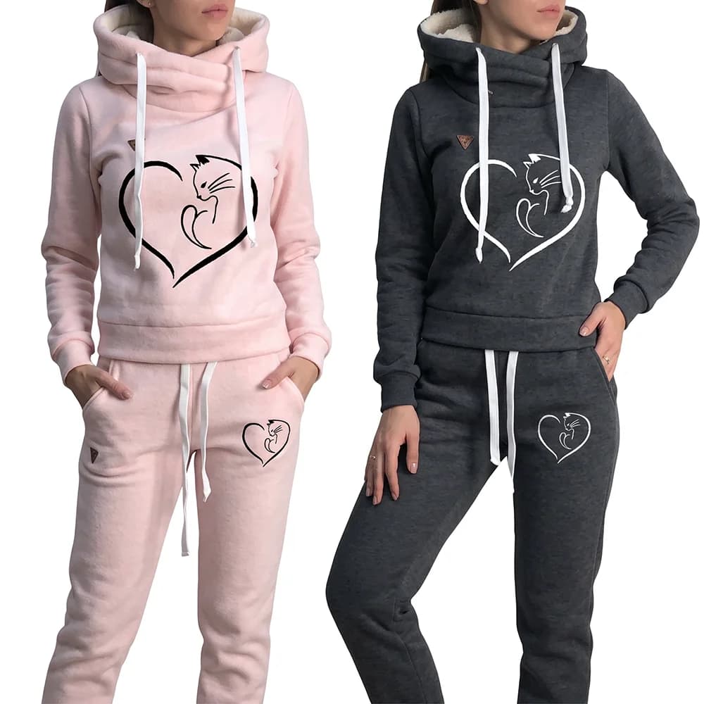Autumn Winter Women Tracksuit 2 Piece Set Cute Cat Heart Print Fleece Warm Hoodie and Sweatpants Casual Sportswear…