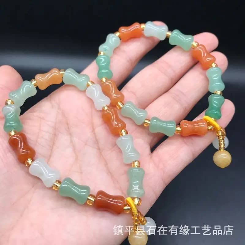Natural Aventurine Bamboo , Golden Silk , Tri-Color Jade Fortune Bead Bracelet Jewelry