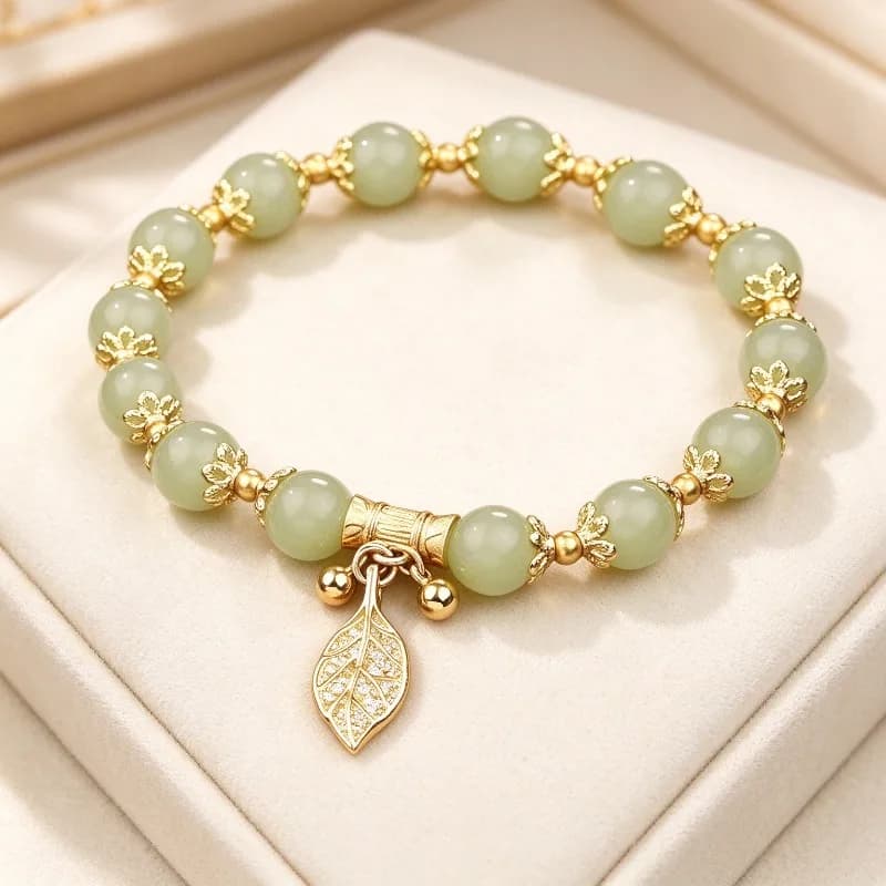 Chinese Style Gold Leaf Jade Beaded Bracelet Lucky Gemstone Hand String Women Elegant Oriental Jewelry Gift Charm Fashion