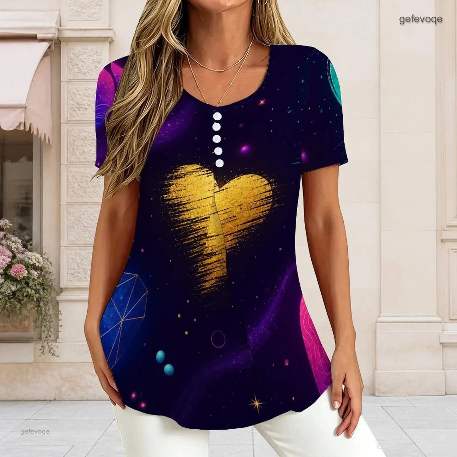 Women V Neck Short Sleeve T Shirt Half Button Placket Fake Two Piece Layered Curved Hem Loose Tunic Top Custom Print…