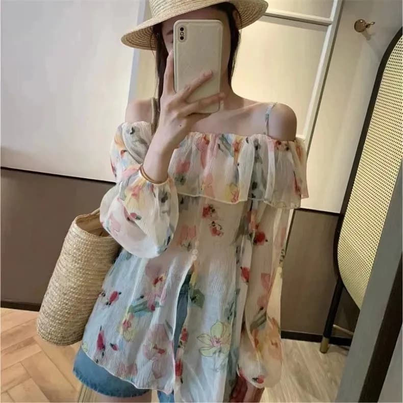 Summer New 2026 Feminine Chiffon Slash Neck Sweet Ruffled Tops Lantern Sleeve Floral Print Loose Fit Lightweight Flowy…