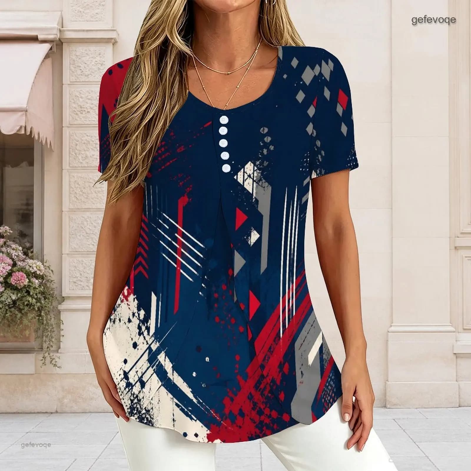 Women V Neck Short Sleeve T Shirt Half Button Placket Fake Two Piece Layered Curved Hem Loose Tunic Top Custom Print…