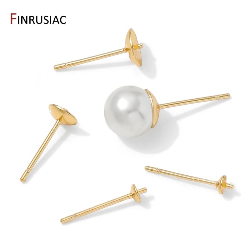 14K Gold Plated Brass Earring Stud Base Blank Post Ear Studs Tray Earplug For Pearl DIY Earring Making Accessories
