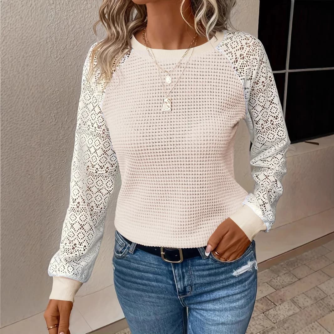 2026 New Women's Big Size Lace Crochet Sweater Round Neck Hollow Out Long Sleeve Knit Tops