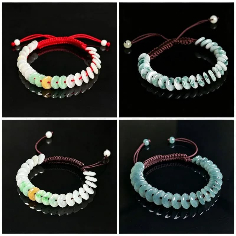 Natural A Grade Jadeite Peace Buckle Bracelet Hand Woven Adjustable Rope Chinese Style Lucky Amulet Bracelet Jewelry Gift