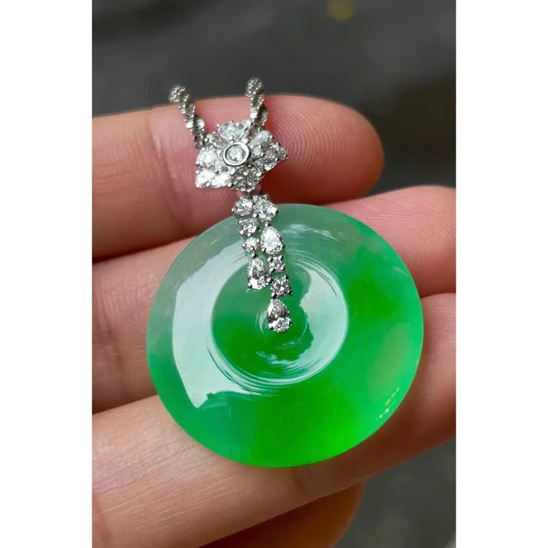 Genuine Natural Burmese Jadeite Emerald Pendant with Sunlight Green Peace Charm