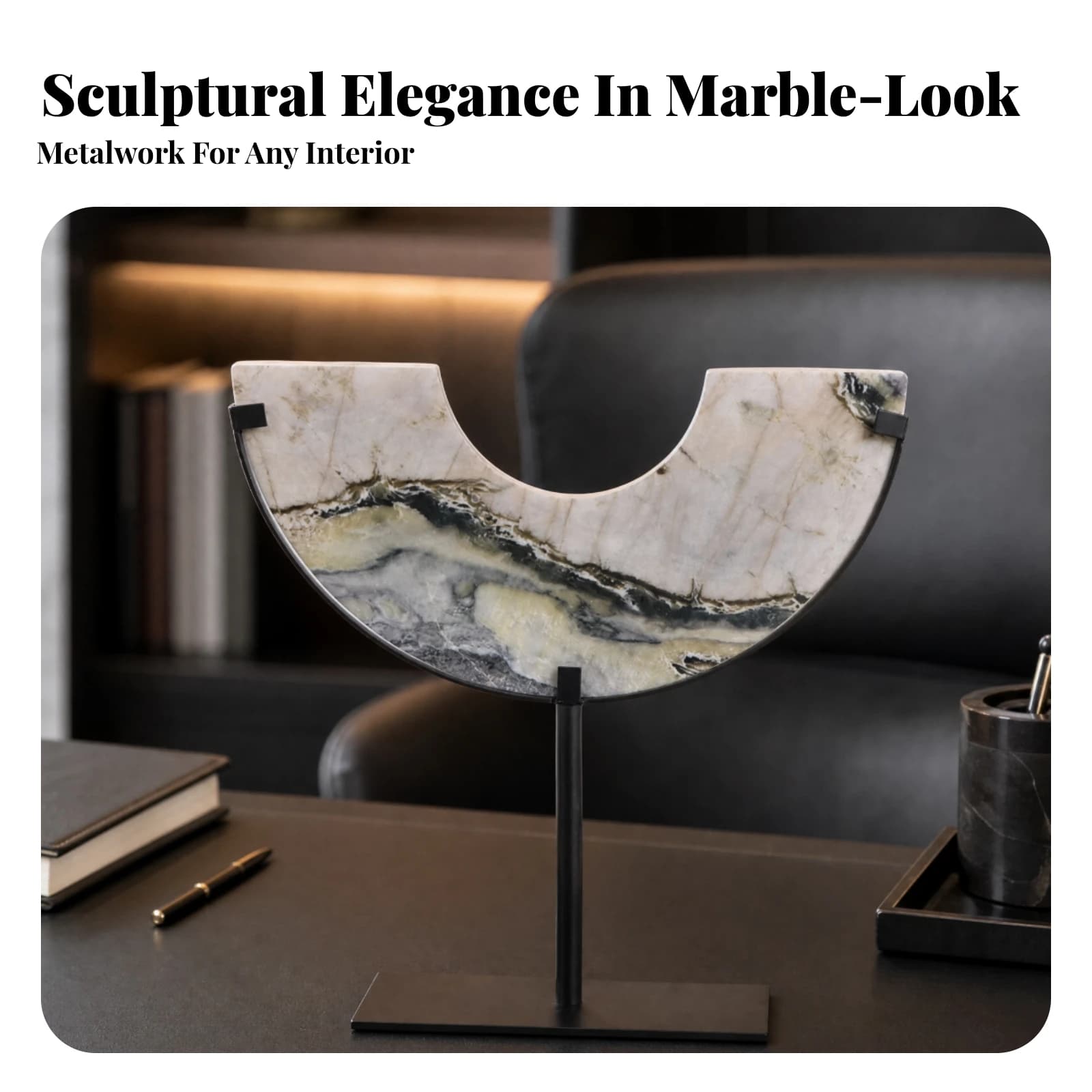 Freestanding Ornament Modern Natural Stone Tabletop Accent with Metal Base for Office, Living Room