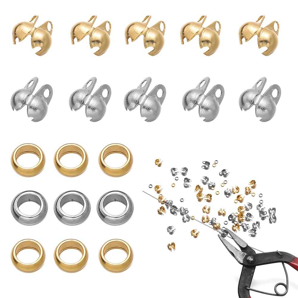 1Set Stainless Steel Crimp Bead Tips Knot Covers Clamshell Fold-Over Bead Tips with End Caps for DIY Jewelry Making…