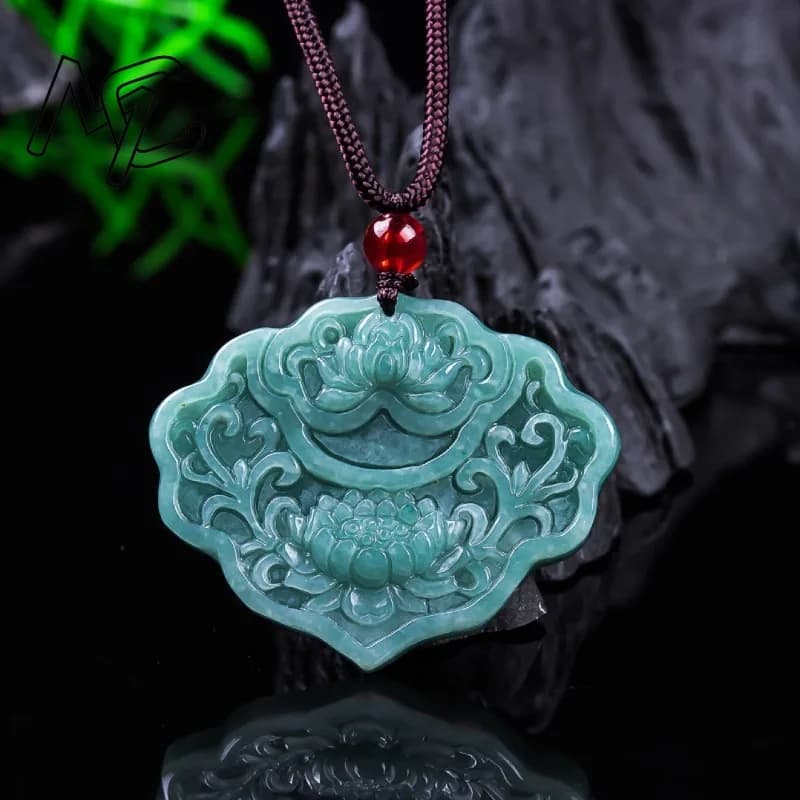 Real Burmese A Emerald Jade Blue Water Ruyi Lotus Pendant Amulets Natural Emerald Jewelry Gifts Certificate Sweater…