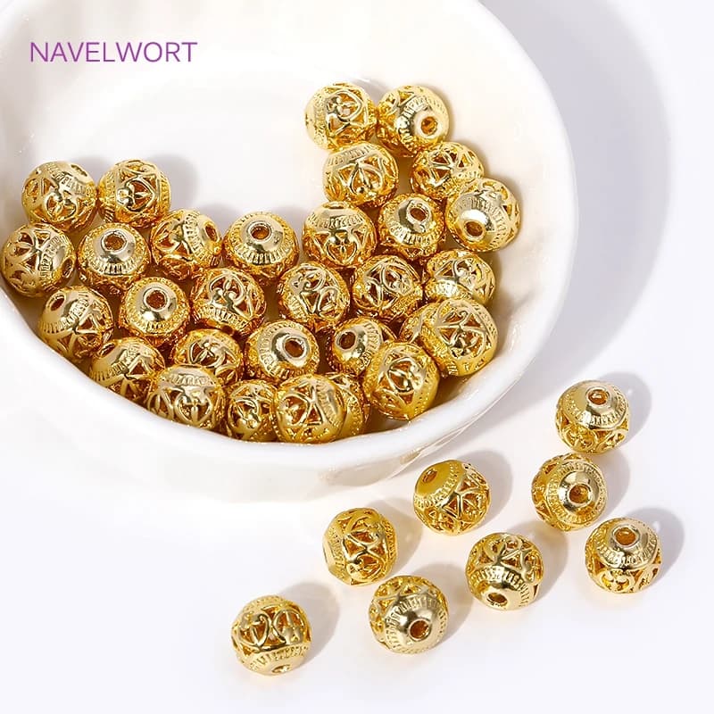 Brass 8mm 18K Gold Plated Round Spacer Beads,Hollow Pattern Loose Beads For Jewelry Making,Separators For Beads,DIY…