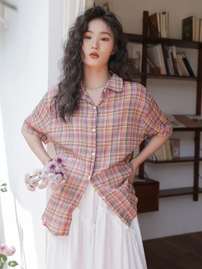 Summer New Women Turn-down Collar Cotton Shirts Half Sleeves Vintage High Street Breathable Casual Fashion Coats Blouses
