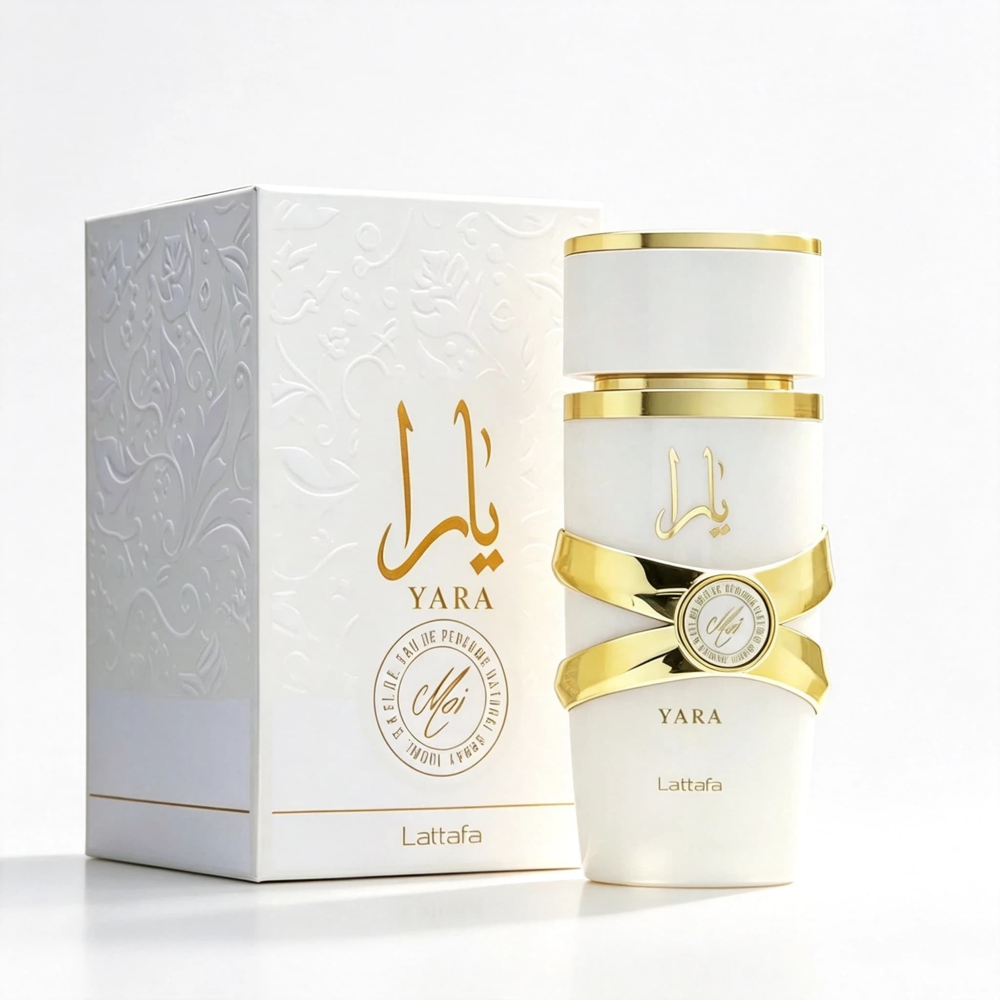 Lattafa Yara Genderless Perfume EDP 100ml - Note: Floral and Fruity Gourmet Scent, White Gold Luxurious Design, White Embossed Pattern Gift Box, the Bottle Is Decorated with Golden Cross Metal Rings, 