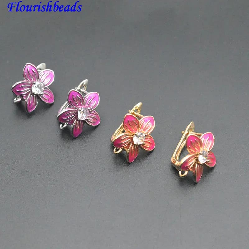 30pc New Designs High Quality CZ Paved Red Color Enamel Flower Shape Earring Hook Clasps Wholesale Jewelry Findings