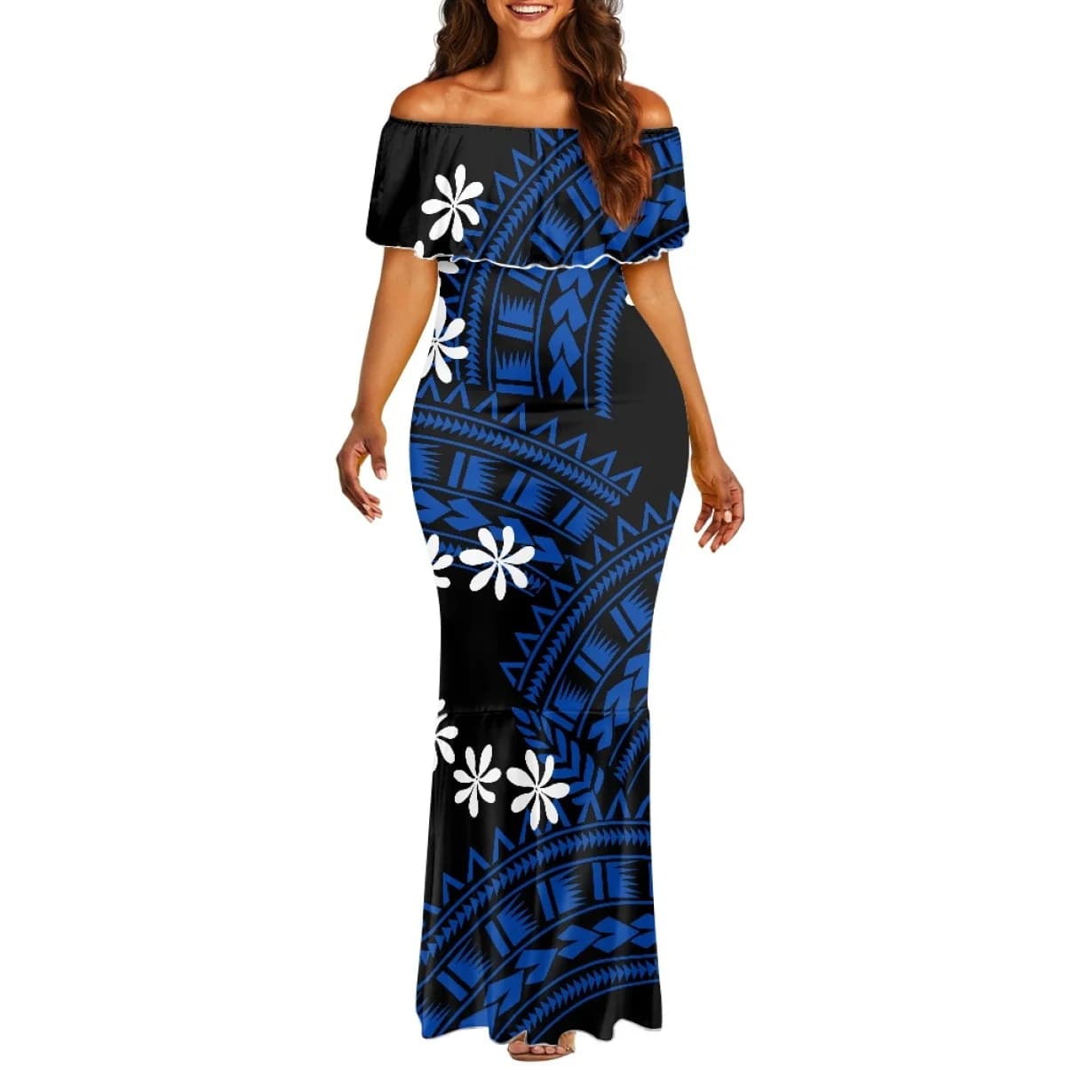 Polynesian Island Art Party Outfit Off Shoulder Mermaid Dress Custom Gradient Tribal Tattoo Bodycon Evening Cocktail…