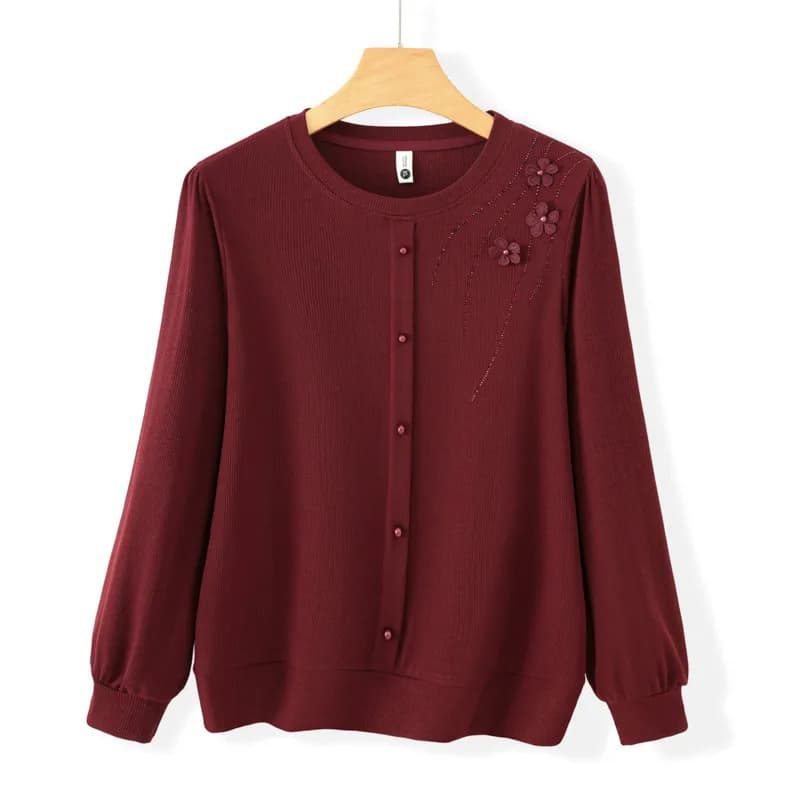 Elegant Middle Aged Women Round Neck Knit Top 3D Flower Hot Drill Decor Loose Long Sleeve Mother Casual Daily Blouse