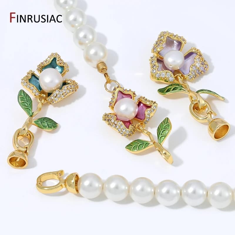 18K Gold Plated Brass Zircon Enamel Pearl Flower Clasp, Green Leaf Fastener Connector for DIY Necklace Bracelet Making…