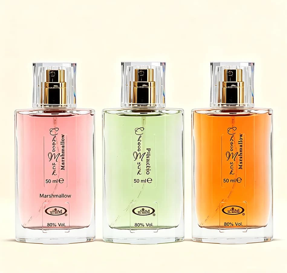 Al-Rehab Choco Musk Collection 50ml EDP, Marshmallow Pink, Pistachio Green, Sweet Warm Vanilla Scent, Arabic Perfume