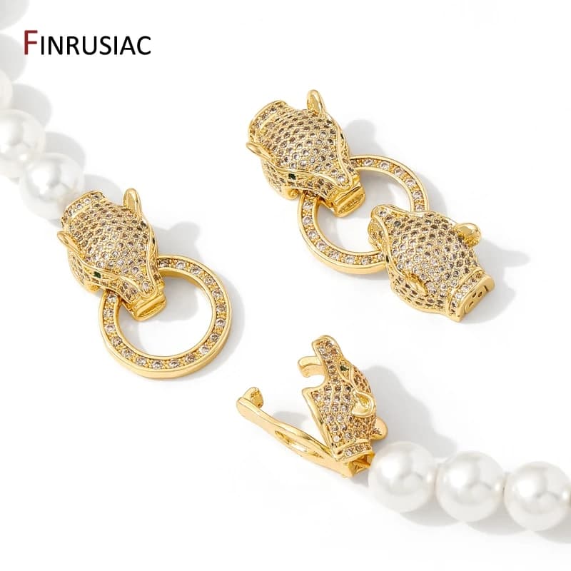 18K Gold Plated Brass Inlaid Zircon Leopard Head Pearl Clasps Fasteners,Lock For Jewelry,DIY Bracelet Necklace Making…