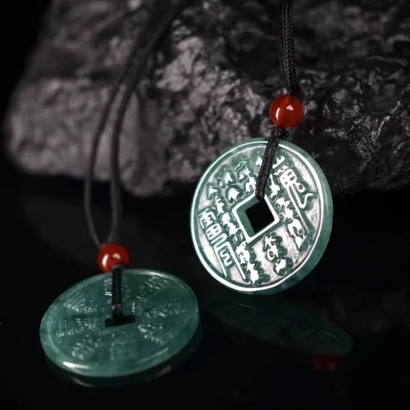 Natural Grade A Jadeite Blue Water Mountain Ghost Money Coin Small Bagua Jade Pendant for Men and Women