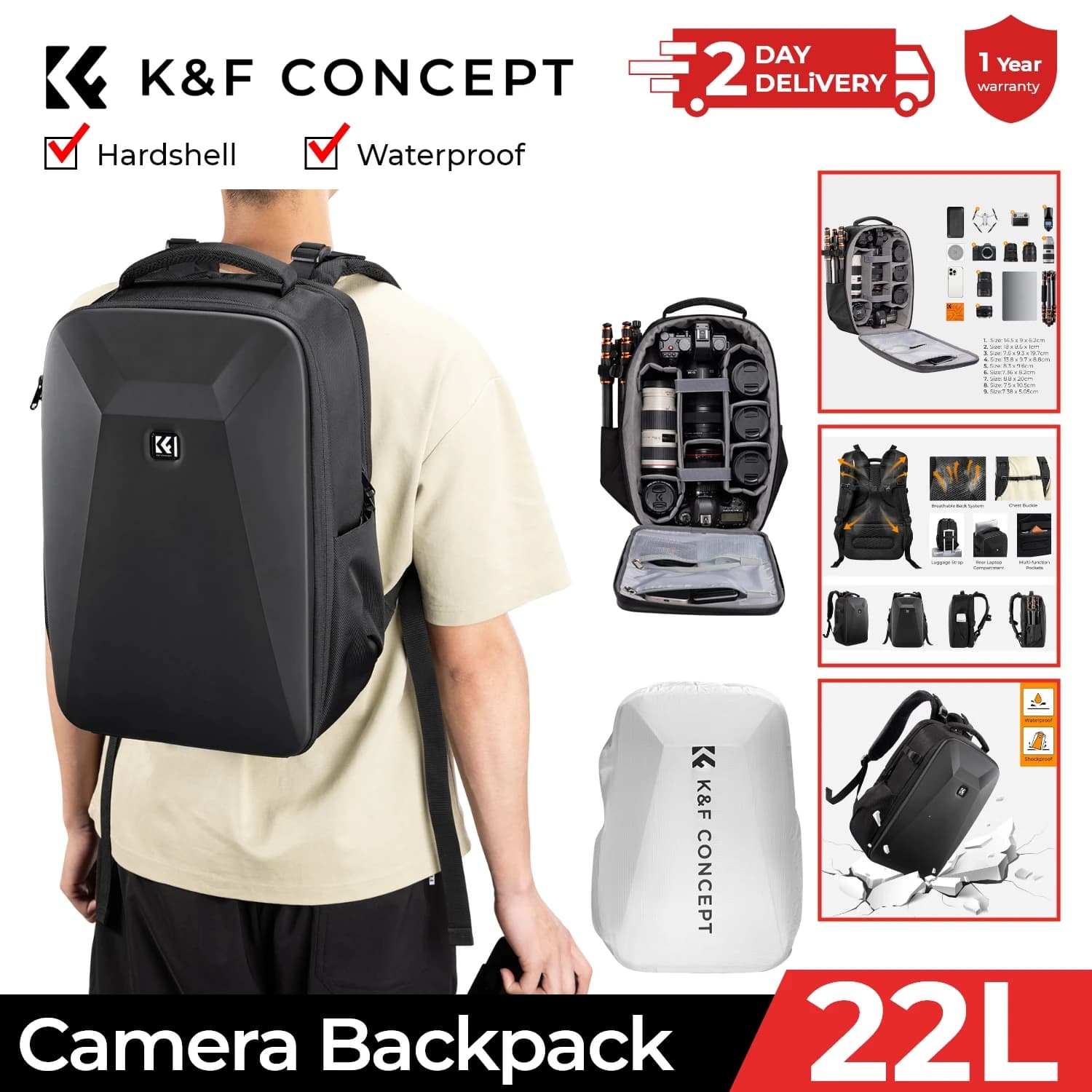 K&F CONCEPT Large Capacity Camera Bag Hard Shell Travel Laptop Photography Camera Backpack Rain Cover Waterproof…
