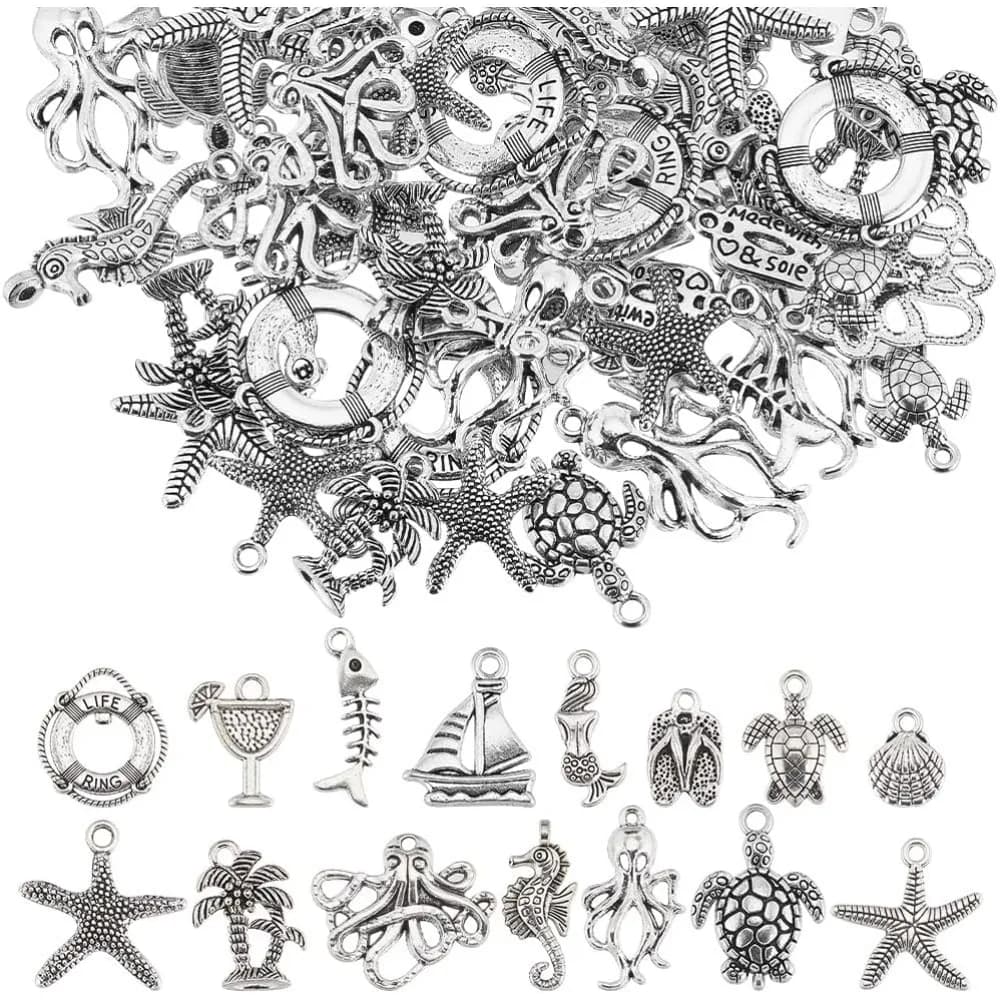 90PCS 15 STYLES Silver Ocean Charms Bulk Sea Life Charm Metal Alloy Summer Marine Hawaii Holiday Turtle Shell Animal making kit